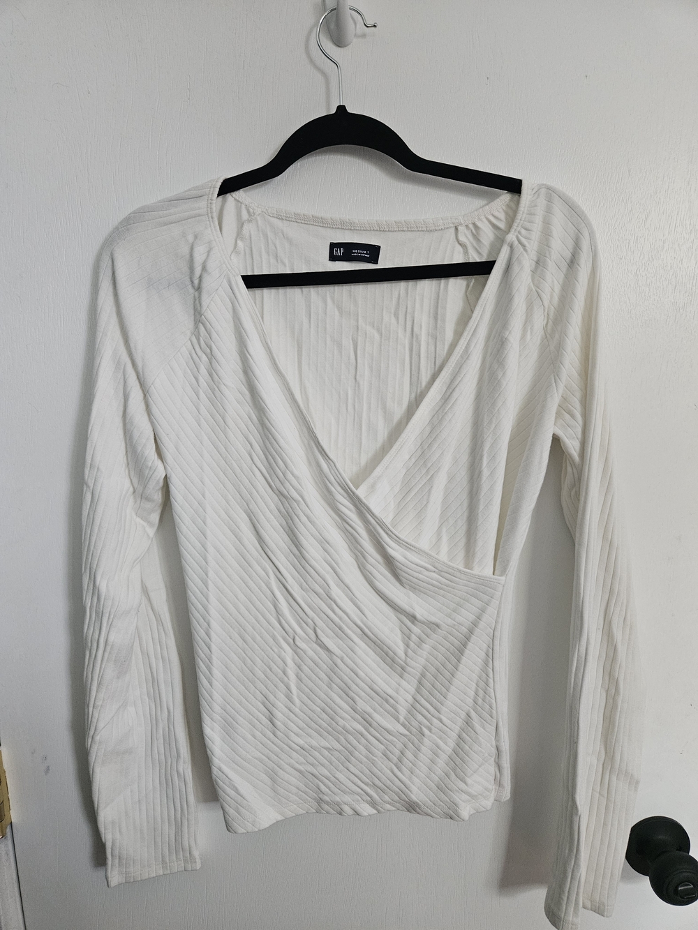 GAP Ivory Ribbed Wrap-Style Long Sleeve Top
